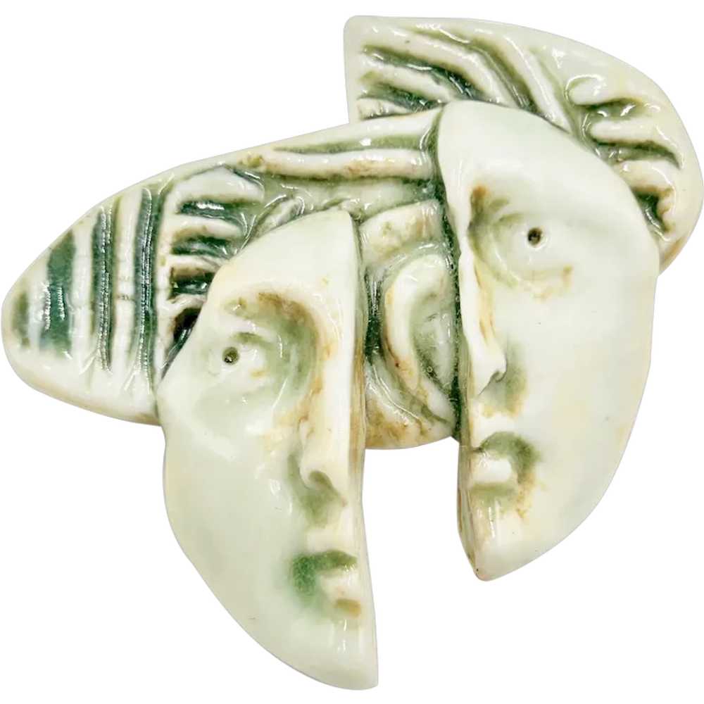 Vintage Ceramic Face Brooch Hand Crafted and Glaz… - image 1