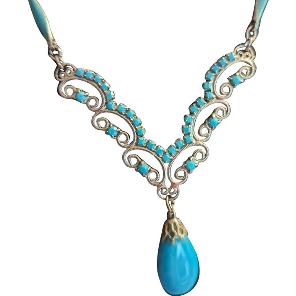 Vintage Turquoise Rhinestone Necklace - image 1