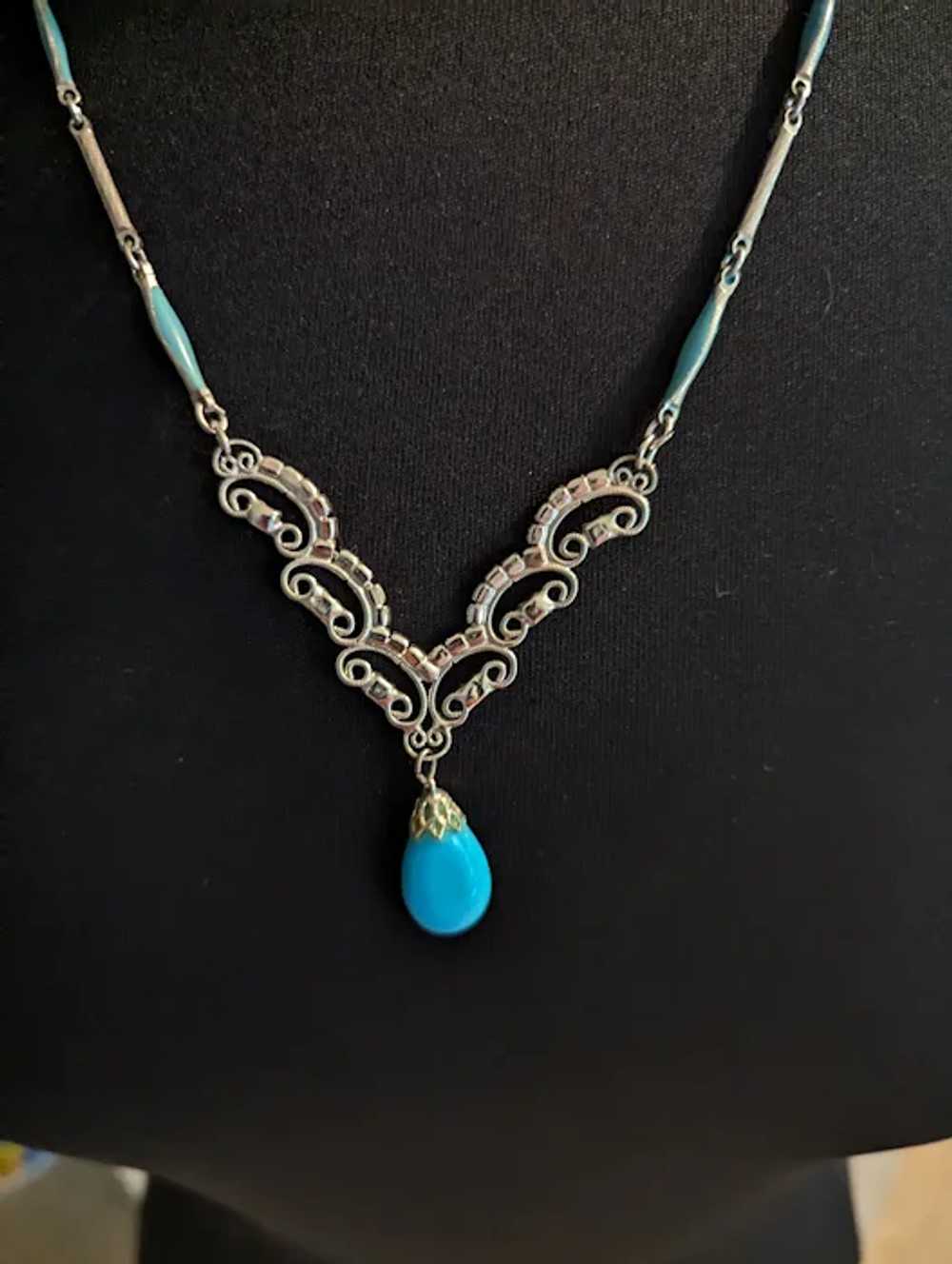 Vintage Turquoise Rhinestone Necklace - image 3