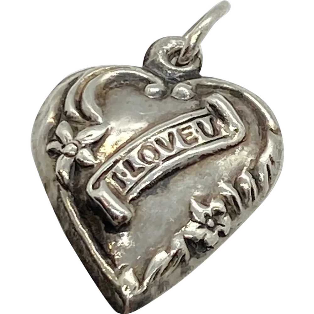 Puffy Heart Vintage Charm "I Love U" Sterling Sil… - image 1