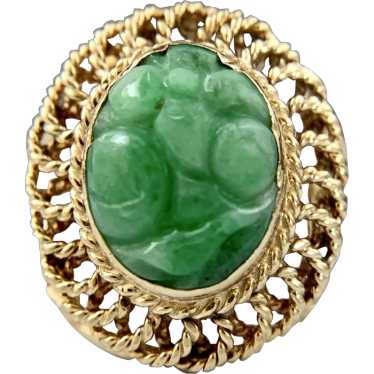 Vintage 14K Yellow Gold Carved Green Natural Jade… - image 1