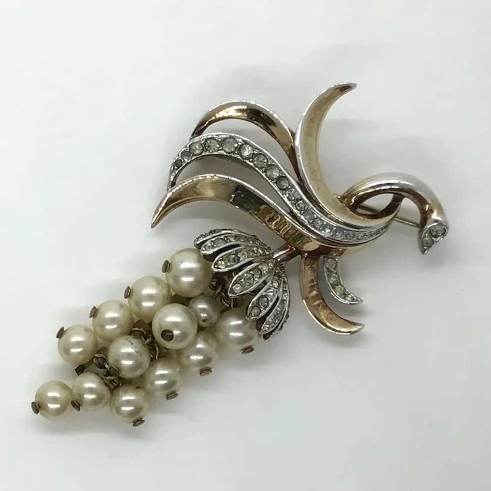 Signed Crown Trifari Imitation Pearl Dangle Brooch - image 2