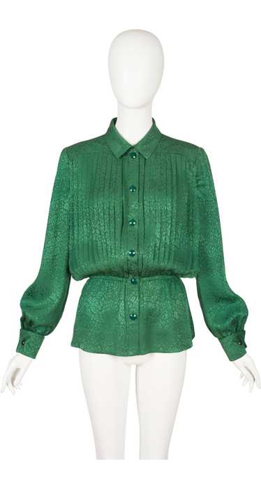 Valentino 1980s Green Silk Jacquard Pleated Collar