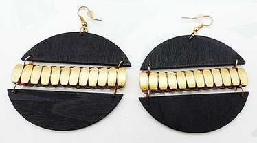 Black Wood Gold Bead Disc Earrings - image 1