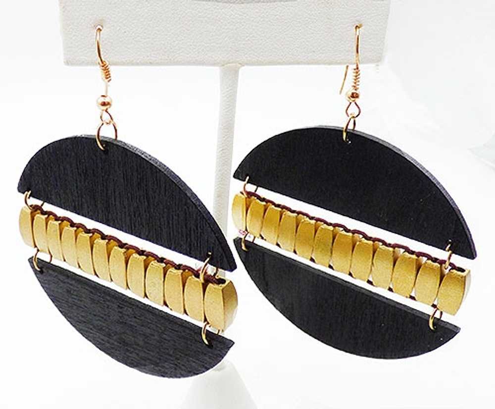 Black Wood Gold Bead Disc Earrings - image 2