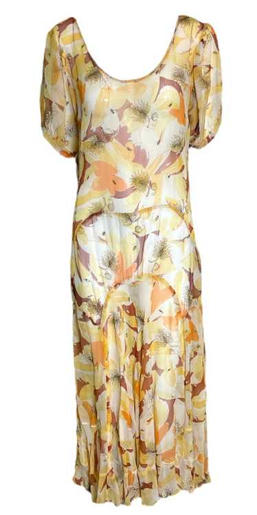 1930s Pale Yellow and Ivory Chiffon Bias Cut Gown 