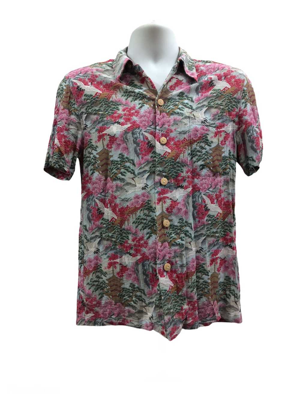 Mens Sportif Vintage Button Front Shirt Fish Hawaii Floral Blue