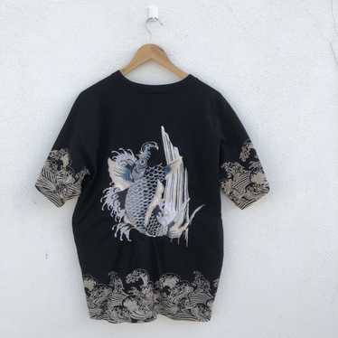 Sukajan T Shirts Japanese Script Koi Fish Embroid… - image 1