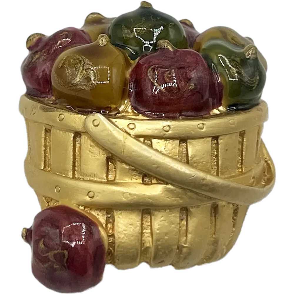 Vintage Signed TC Basket of Apples Brooch/Pin - 2… - image 1