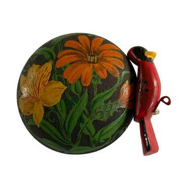 Handmade Hand-Painted Wood Floral Brooch and Red … - image 1