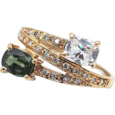 18K solid gold crossover ring Green and white gems