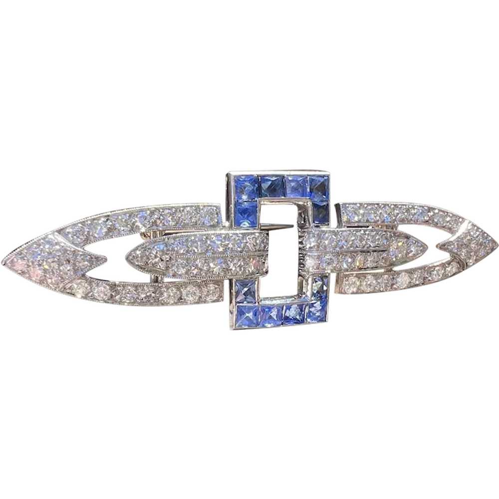 Art Deco Platinum Diamond and Sapphire Bar Brooch - image 1