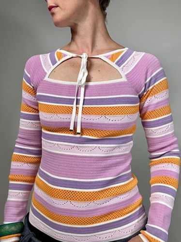 Striped Knit Tie Front Electricity Top