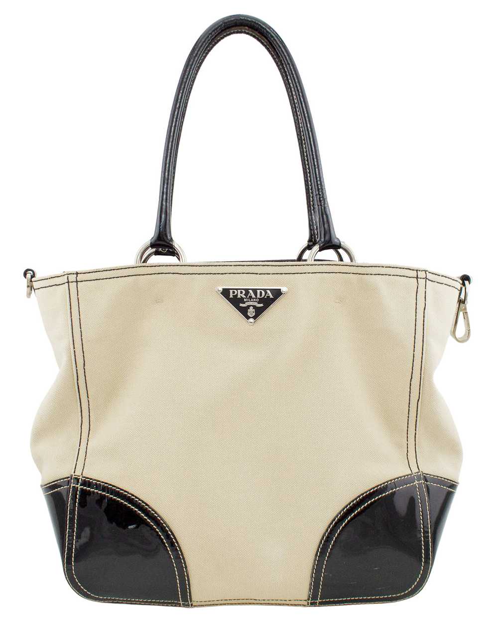Prada Beige Canvas Tote with Black Patent Leather - image 1