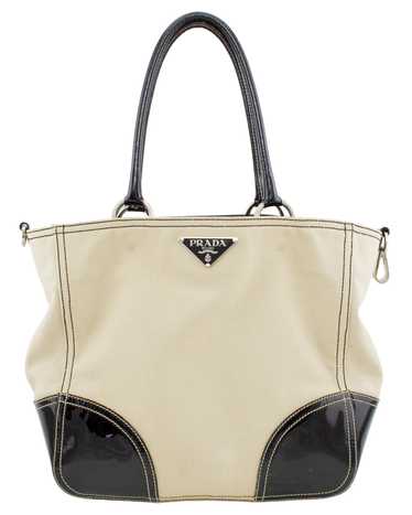 Prada Beige Canvas Tote with Black Patent Leather