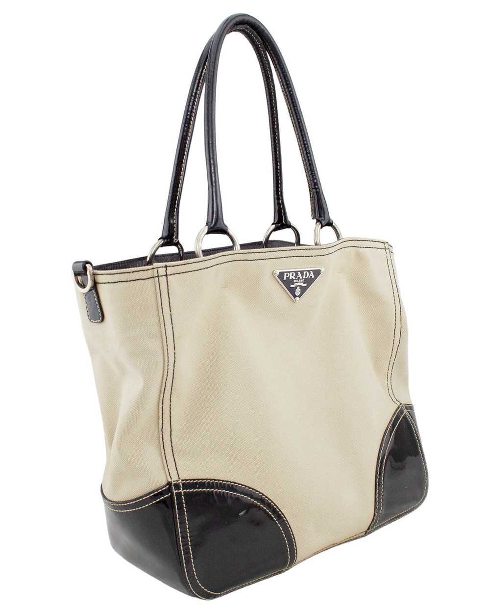 Prada Beige Canvas Tote with Black Patent Leather - image 2