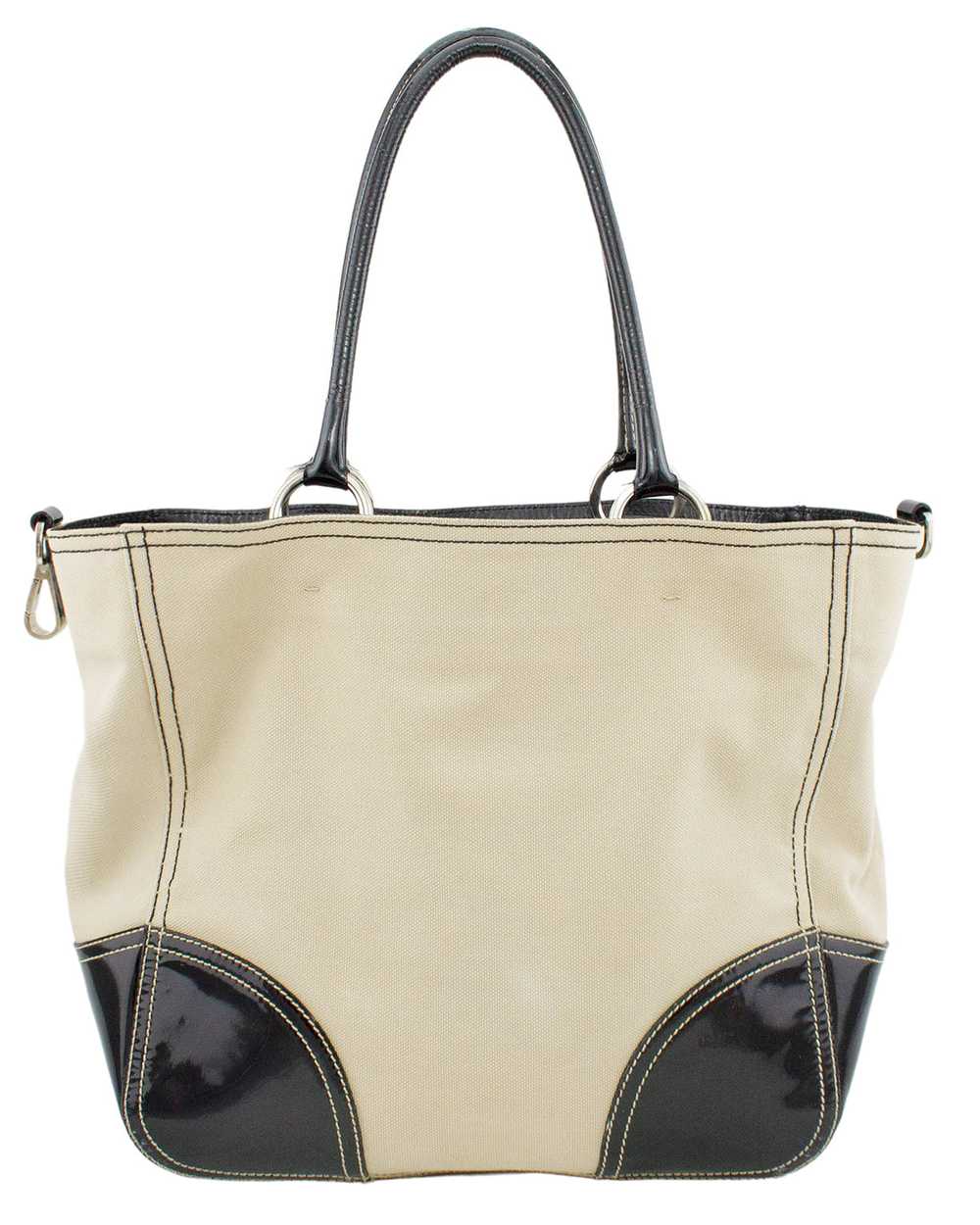 Prada Beige Canvas Tote with Black Patent Leather - image 3