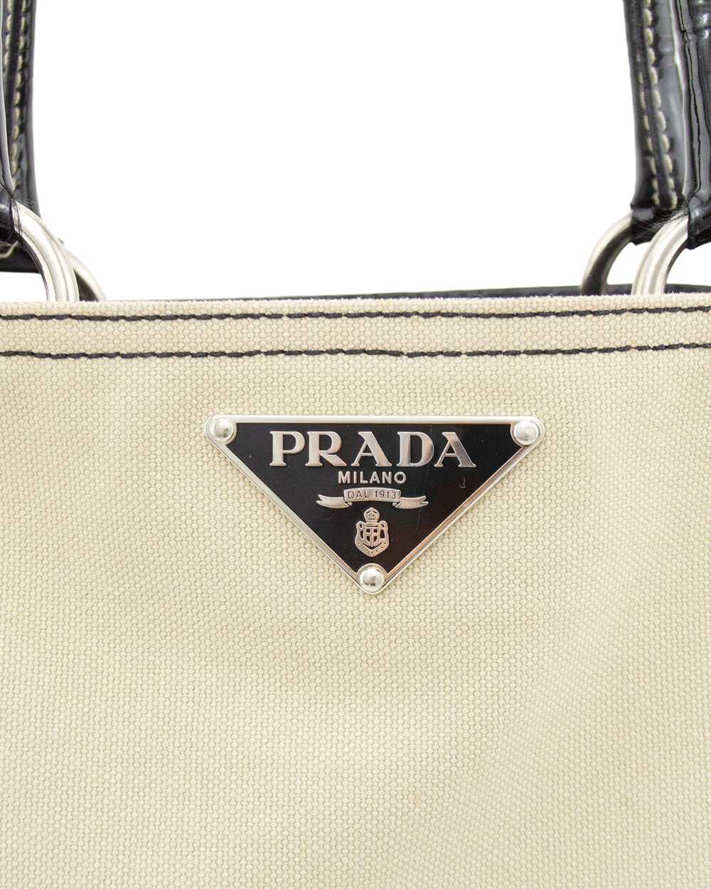 Prada Beige Canvas Tote with Black Patent Leather - image 4