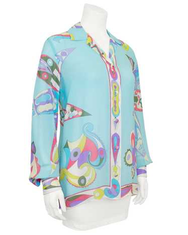 Emilio Pucci Turquoise Silk Chiffon Printed Shirt