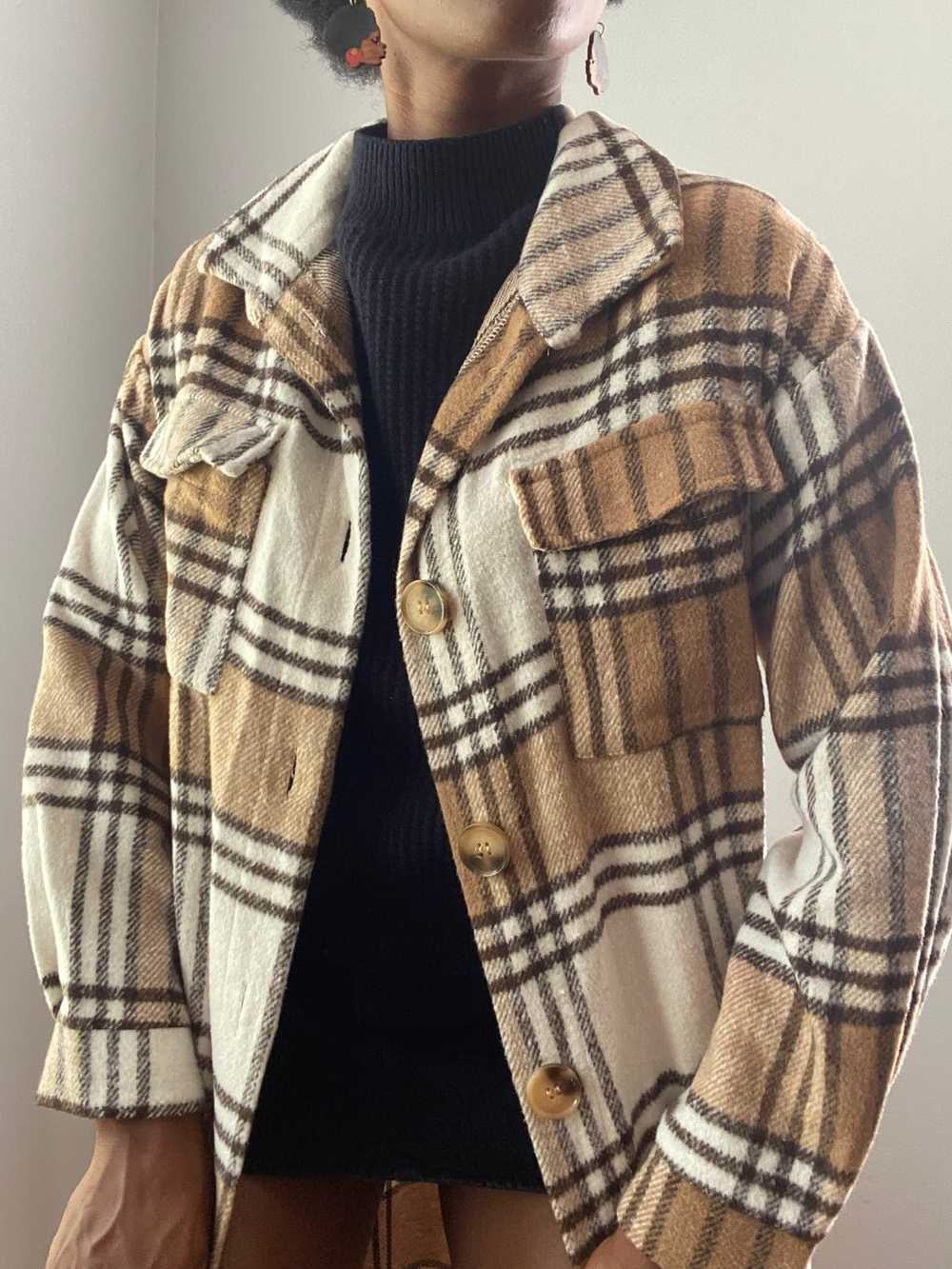 Brown Plaid Soft Fleece Shacket Jacket(XL) - image 1