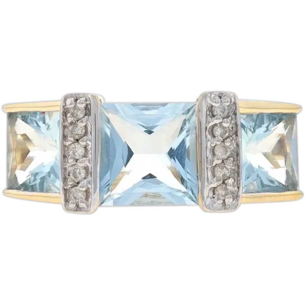 Yellow Gold Aquamarine Diamond Three-Stone Ring -… - image 1