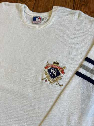 Stitches New-York Yankees Jersey Shirt XL White Blue Script Logo Embroidered