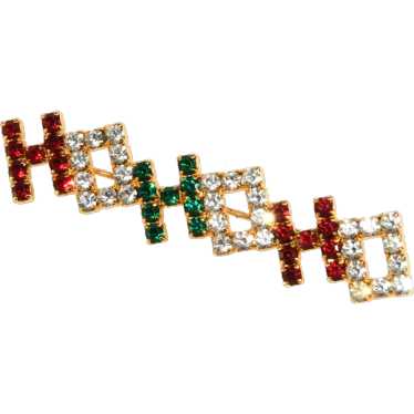 Ho Ho Ho Christmas Pin Red Green Clear Rhinestone… - image 1