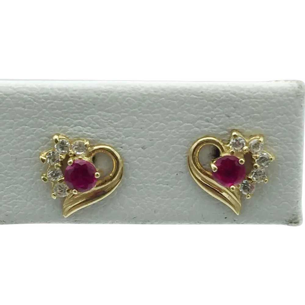 14K Lab Ruby and Cubic Zirconia Heart Earrings - image 1