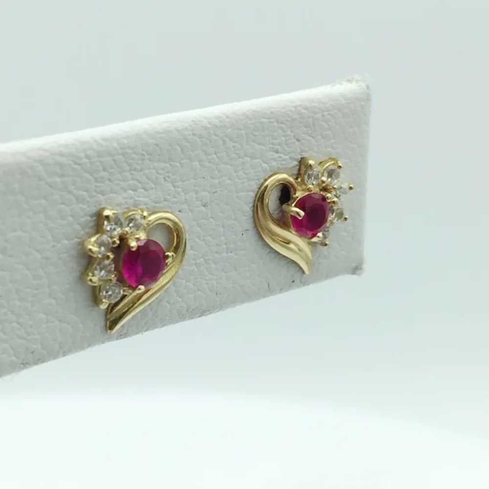 14K Lab Ruby and Cubic Zirconia Heart Earrings - image 2
