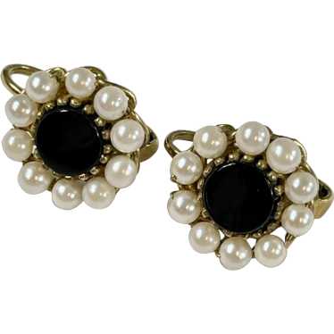 Vintage Ca1950's Black Onyx and Cultured Pearl Ea… - image 1