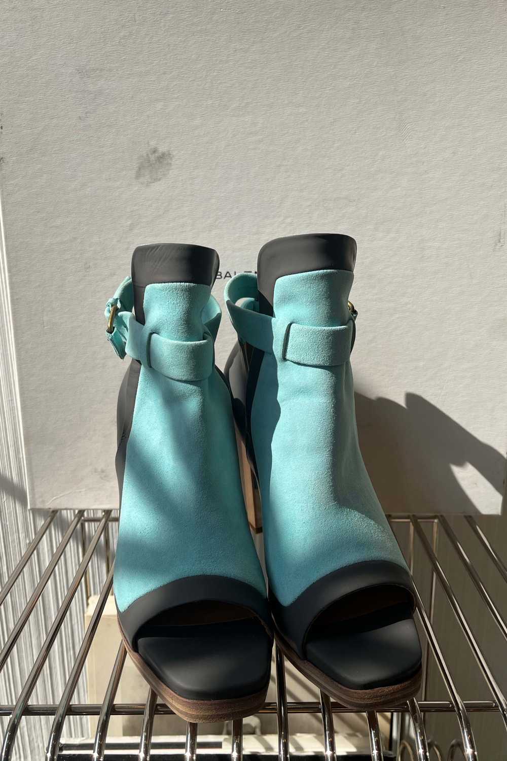 Balenciaga Grey & Turquoise Leather Wooden Pumps … - image 2