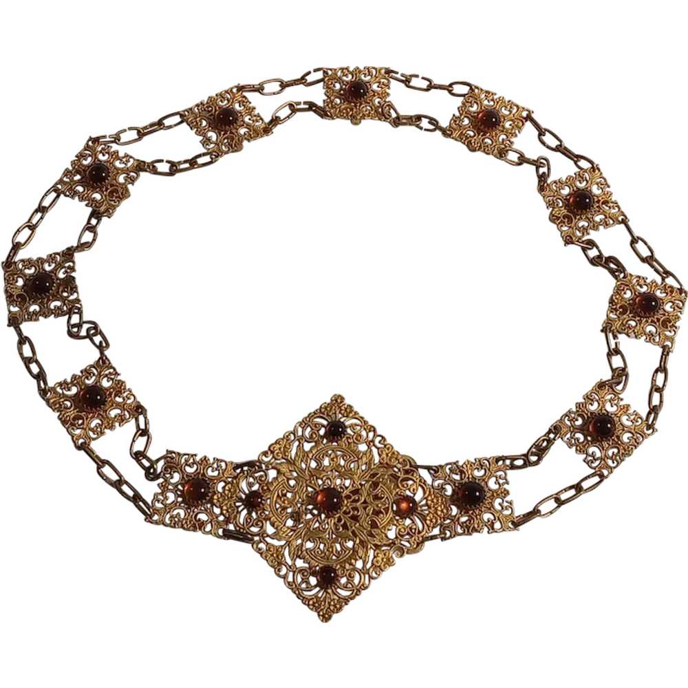 Antique filigree plaque belt brown glass cabochons - image 1