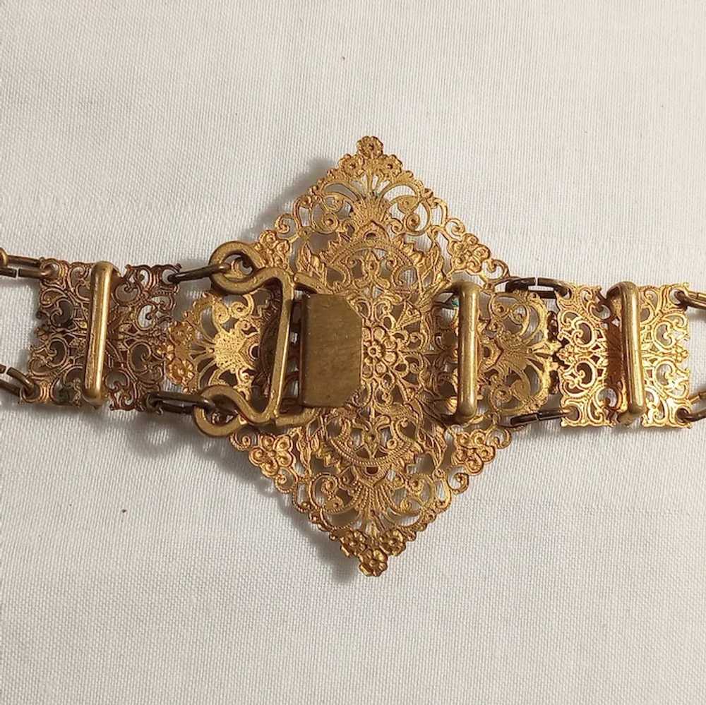 Antique filigree plaque belt brown glass cabochons - image 4