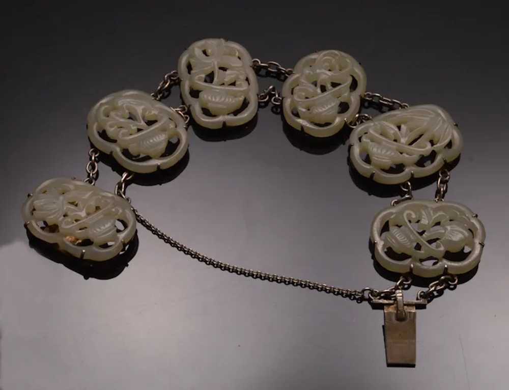 Antique Qing Dynasty Mutton Fat Jade Sterling Bra… - image 3