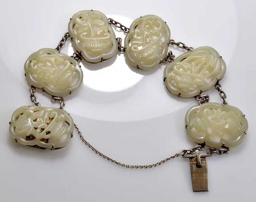 Antique Qing Dynasty Mutton Fat Jade Sterling Bra… - image 4