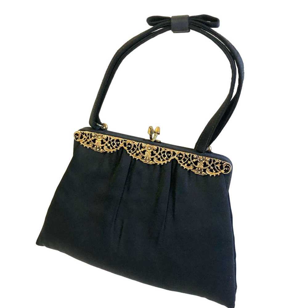 Unkwn 50's After Five Black SATIN Handbag Gold Ba… - image 11