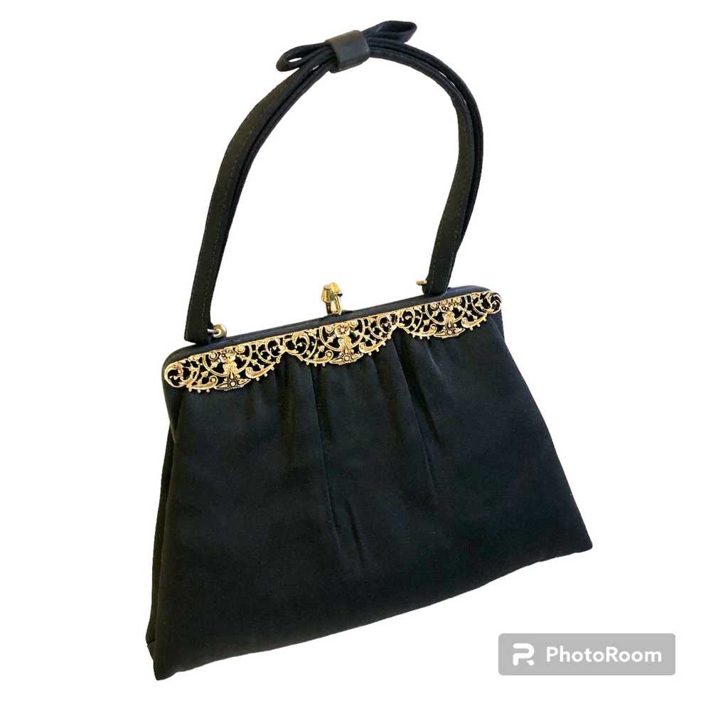 Unkwn 50's After Five Black SATIN Handbag Gold Ba… - image 1
