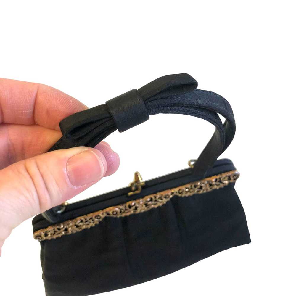 Unkwn 50's After Five Black SATIN Handbag Gold Ba… - image 4