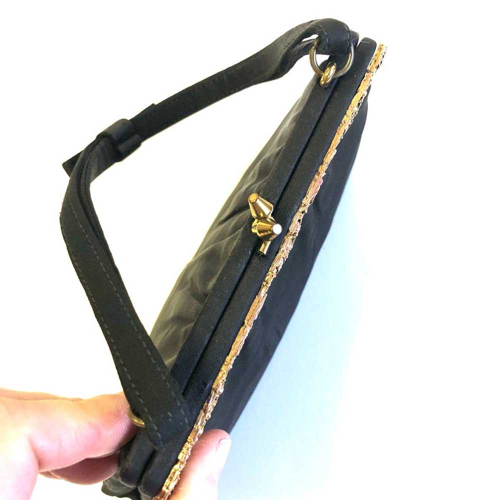 Unkwn 50's After Five Black SATIN Handbag Gold Ba… - image 9