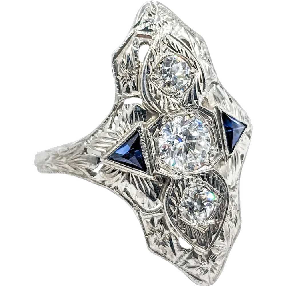 Fabulous Art Deco Diamond & Synthetic Sapphire Ri… - image 1