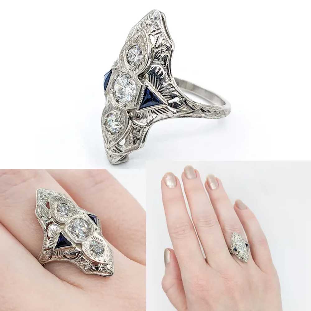 Fabulous Art Deco Diamond & Synthetic Sapphire Ri… - image 2