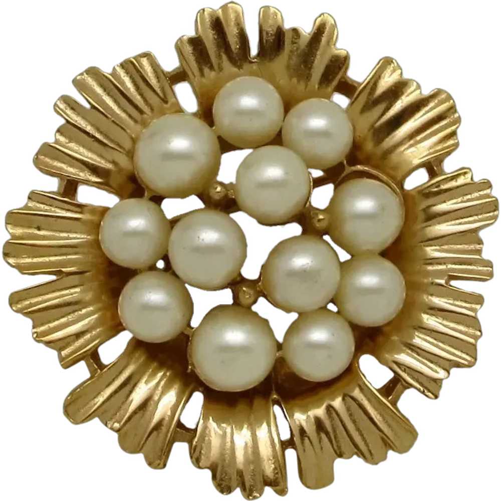 Trifari Flower Brooch with Imitation Pearls - image 1