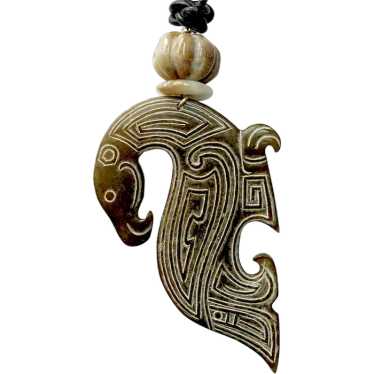 Carved Chinese Vintage Jade Phoenix Pendant Neckl… - image 1