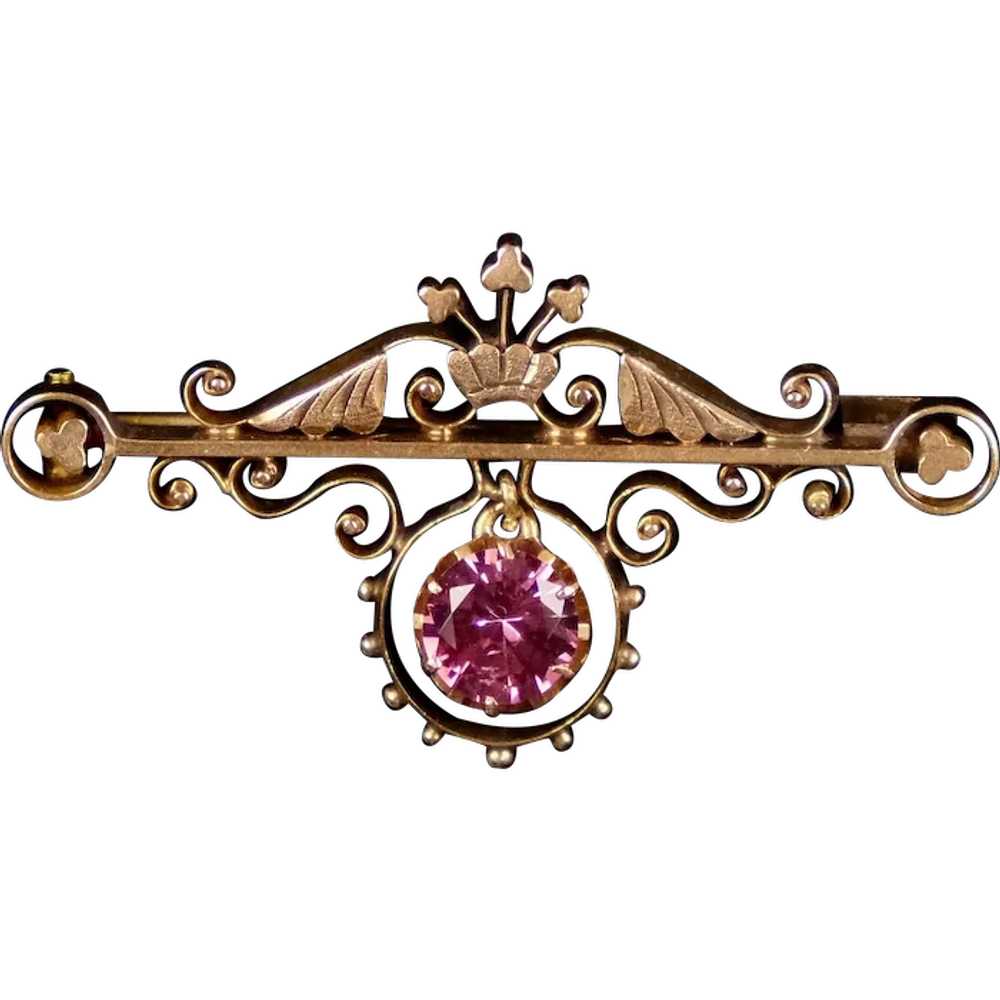 Intricate Victorian 10K Gold Pink Tourmaline Pin - image 1