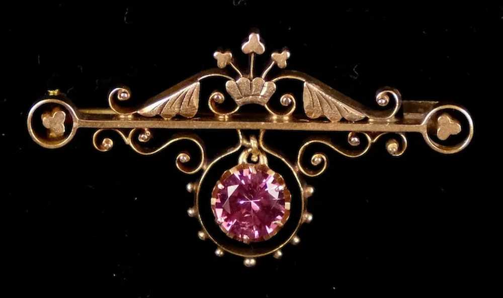 Intricate Victorian 10K Gold Pink Tourmaline Pin - image 2
