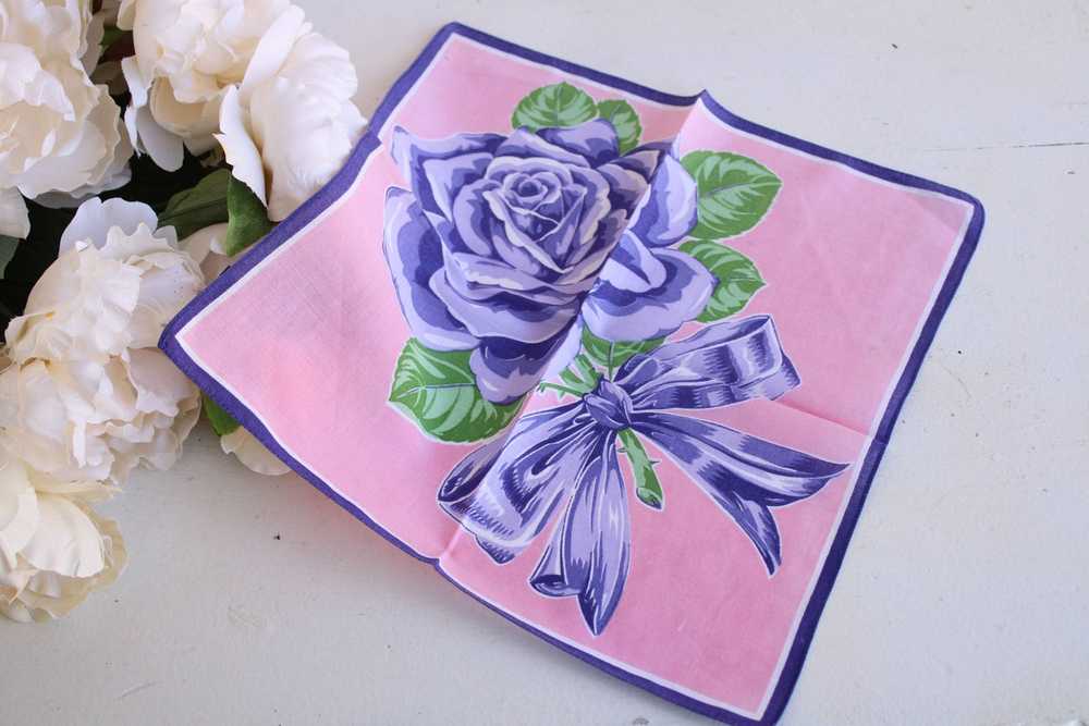 Vintage Cotton Purple Rose Floral Print Hankie - image 1