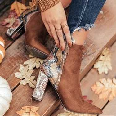 Bamboo Cognac Snake Print Color Block Heel Boot 10 - image 1