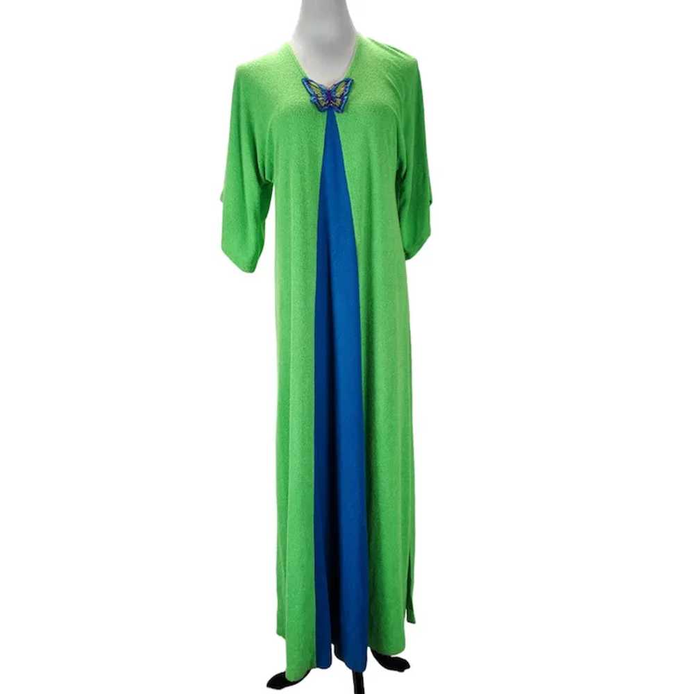 70s Terry Cloth Caftan Size M/L Green Blue Butter… - image 4