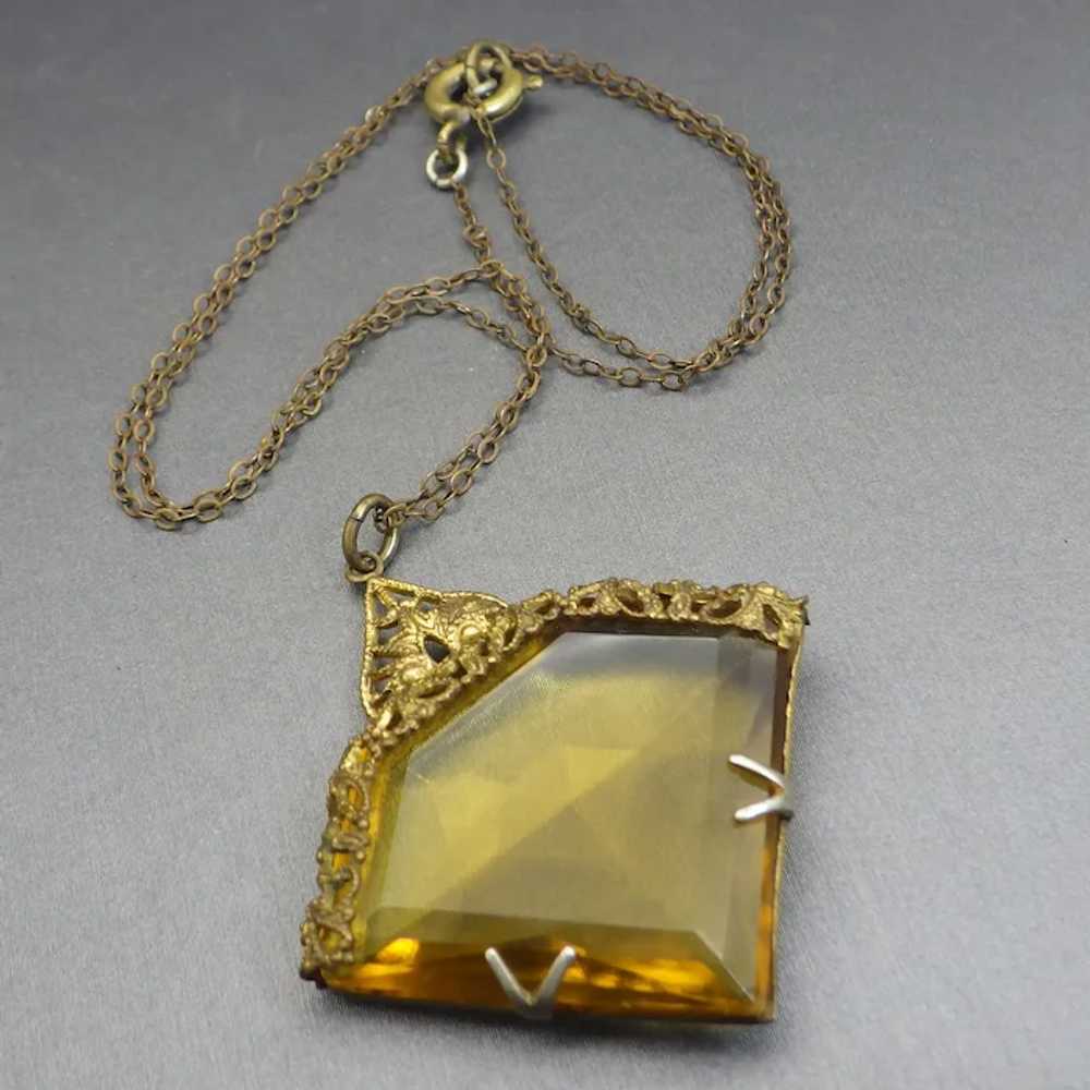 Antique Czech Pendant Necklace, Topaz Color Stone… - image 6