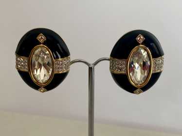 Large SWAROVSKI Oval Clip Earrings | Black Enamel… - image 1